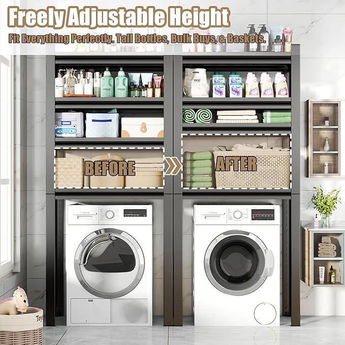 Over The Washer and Dryer Storage Shelf with Baskets, Multi Functional Storage Rack Storage Shelf Organizer Black for Laundry Room,Suit Washing Machine Width Within 32.6", Hold 500 lb, Black