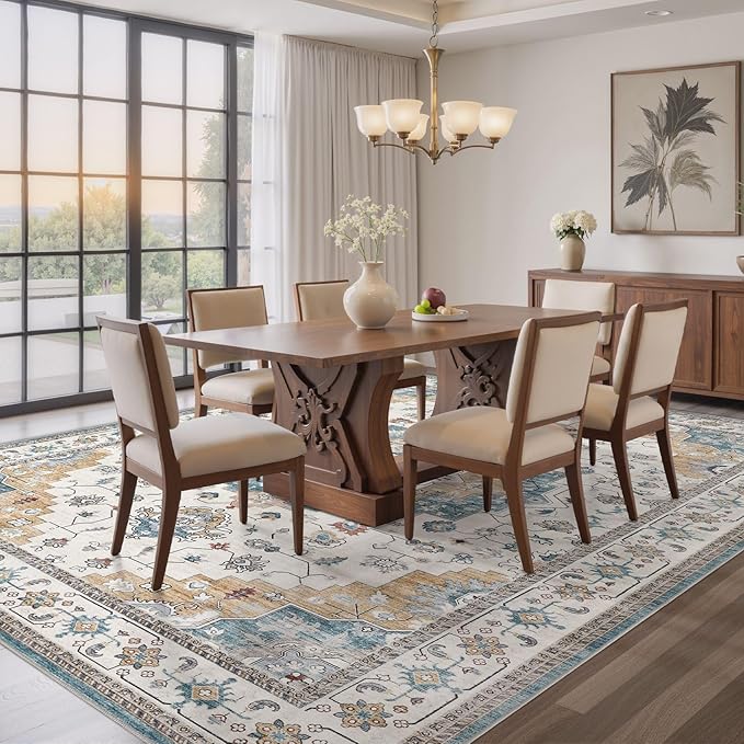 Washable Area Rugs for Living Room - 5x7 Neutral Vintage Distressed Floral Farmhouse Boho Large Soft Floor Rug Indoor Non Slip Carpet for Living Room Bedroom Dining Room Office - Blue/Yellow/Beige