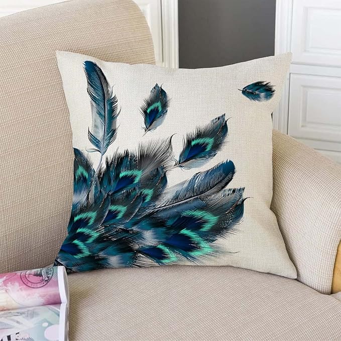 TSSOHU Peacock Feather Watercolor Throw Pillow Case Cushion Cover Couch Sofa Decorative Square 18x18 inches
