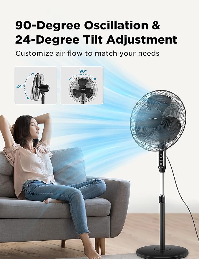 PELONIS 16'' Pedestal Fan for Bedoom, Remote, Standing Fan with 7-Hour Timer, 90° Oscillation, 3-Speeds, Adjustable Height, Electric Cooling Fans for Living Room and Office