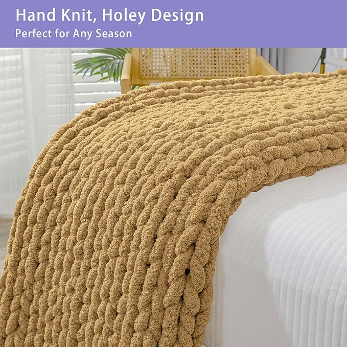 Bigacogo Chunky Knit Throw Blanket for Couch, 40x80 inches, 100% Hand Knitted with Thick Jumbo Chenille Yarn, Cozy Soft Large Rope Knot Cable Crochet Blankets for Sofa Bed Living Room, Goldenrod