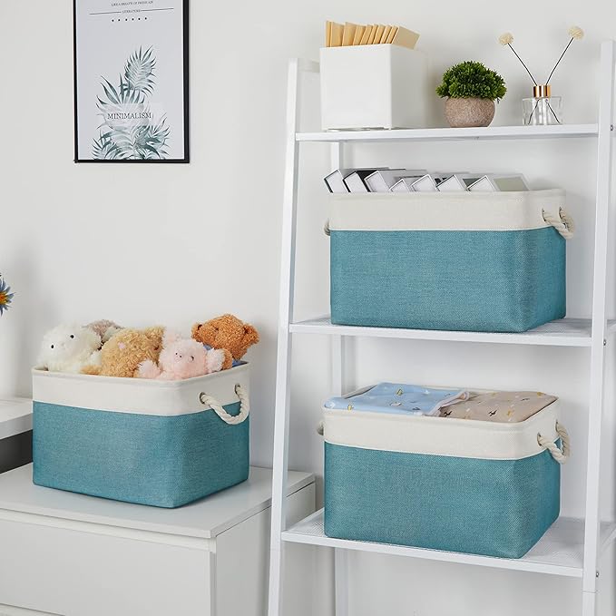 Bidtakay Basket Storage Bins with Handles Fabric Large Storage Baskets for Organizing Set of 3 Collapsible Rectangular Basket for Shelves Closet Organizer 15 X 11 X 9.5 Inches(White&Teal Blue)