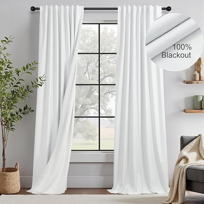 100% Blackout White Elegant Curtains 94 Inch Long 2 Panel for Living Room/Sunroom Thermal Insulated Darkening Curtains for Bedroom Windows Noise Cancelling Soundproof Farmhouse Drapes Office Back Tab
