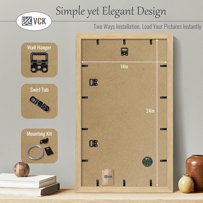 VCK 14x24 Oak Wood Frame for Picture, Natural Solid Wood Photo Frames 3 Pack, Wall Gallery Frame