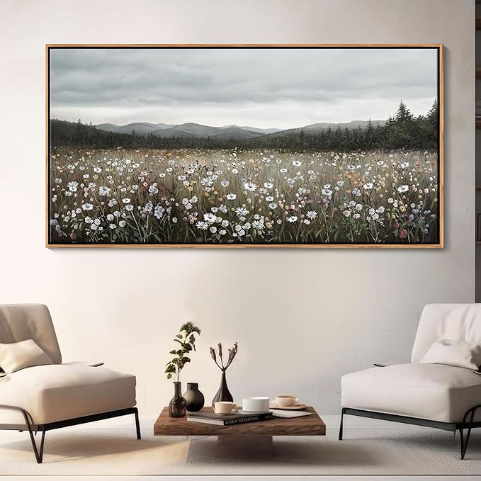 HGUAOA Vintage Framed Floral Landscape Wall Art for Living Room - Large Nature Artwork Above Bed Wall Decor - Farmhouse Mountain Pictures for Bedroom Wall Decor 20×40IN