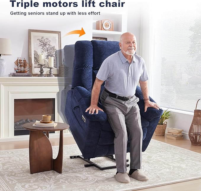 Triple Motor Power Lift Recliner Chair with Massage and Dual Heat for Elderly People, Zero Gravity Lay Flat Recliner Infinite Position, USB Ports(Navy Blue)
