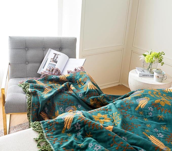 Cotton Throw Blanket 100% Muslin for Couch Bed 80''x 90'' Farmhouse Blanket 4-Layer Summer Blankets Boho Quilt Decor for All Seasons Cozy Soft Lightweight Knitted Warm Blanket Gifts for Women
