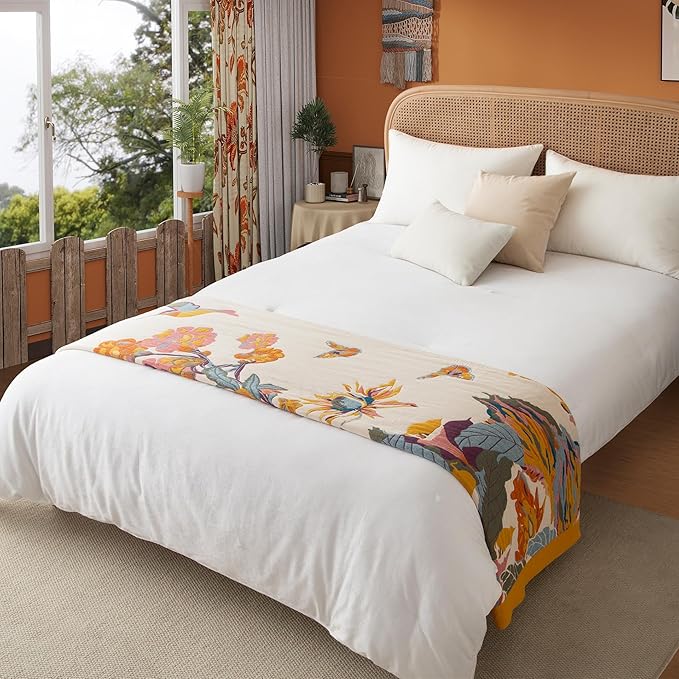 Boho Throw Blanket Throw Size, Soft Cozy Cotton Muslin Quilt Blanket for Bed Decor, Floral Patterned Couch Sofa Chair Cover, Vintage Farmhouse Cottage Tapestry Woven Blanket, Yellow&Blue