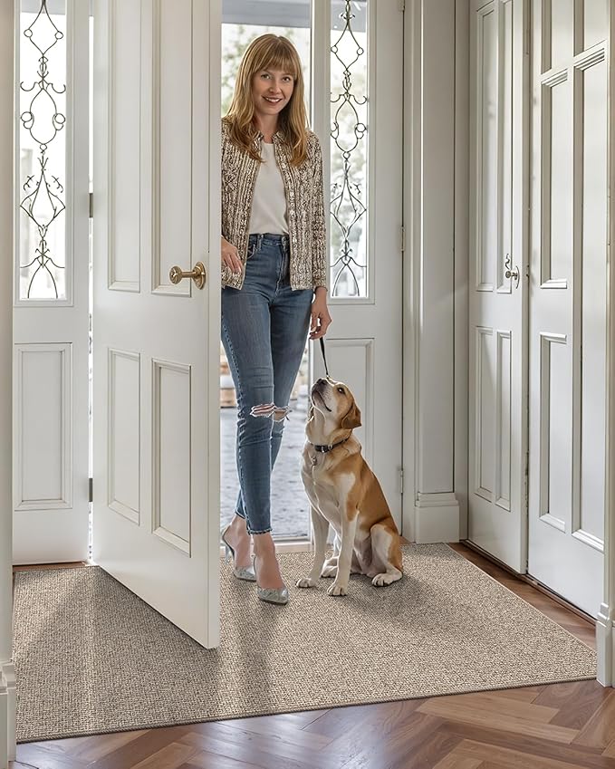 LUMI Indoor Door Mat 24"x36", Ultra Thin Low Profile Non-Slip Doormat for Home Entrance, Absorbent & Stain-Resistant Welcome Mats, Washable Entryway Mat for Front Door, Patio, Porch, Khaki