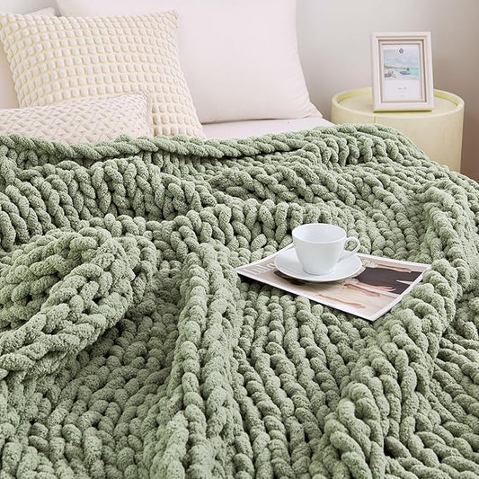 Admitrack Chunky Knit Blanket Throw, 100% Hand Knit Chenille Throw Blanket for Sofa & Home Decor, Soft and Cozy Knitted Throw Blankets (Sage Green,51"x63")