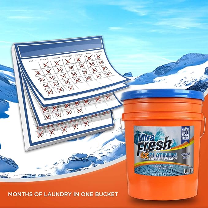 Ultra Fresh 5 Gallon Liquid Laundry Detergent Washing Soap for All Machine Types, 6X Platinum, Up to 640 Loads, Original Blue