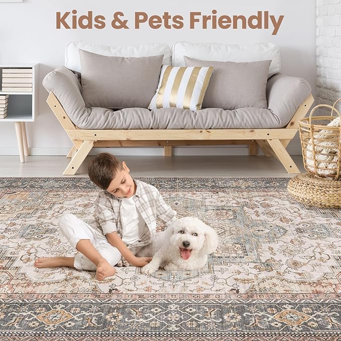 Washable Area Rugs for Living Room - 5x7 Neutral Vintage Distressed Floral Farmhouse Boho Large Soft Floor Rug Indoor Non Slip Carpet for Bedroom Dining Room Office - Forest Green Orange