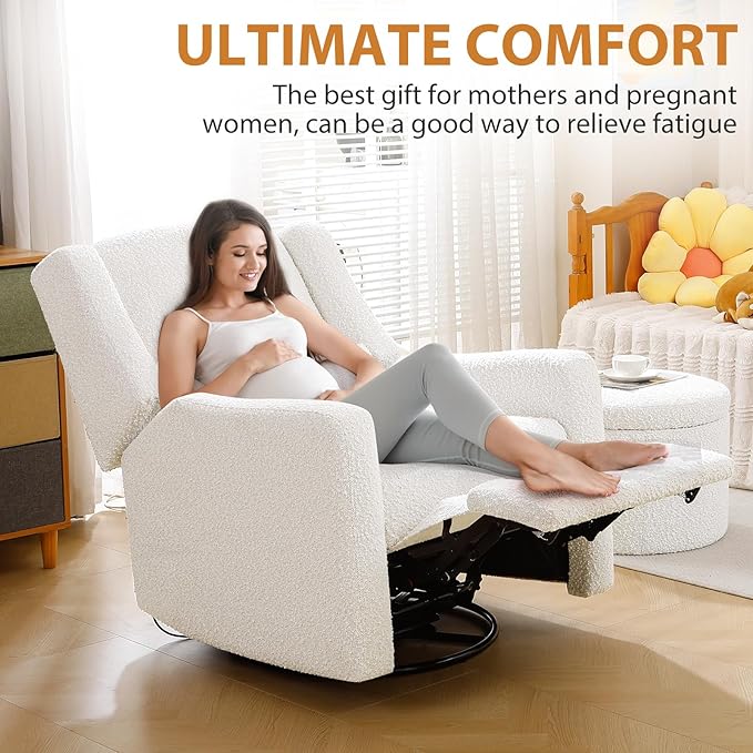 Power Recliner Chair Swivel Glider, Large Rocker Recliner w/USB Charging Port, Boucle Upholstered Swivel Rocker Glider Recliner for Nursery,Bedroom,Living Room, 1PC, Cream