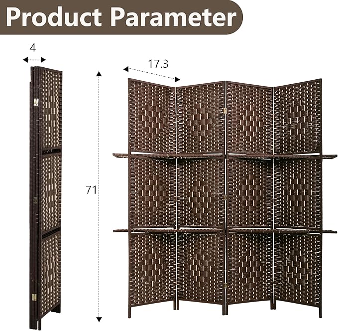 PayLessHere Room Divider 4 Panel Room Screen Divider Wooden Screen Folding Portable Partition Screen Wood with Removable Storage Shelves Color, Brown