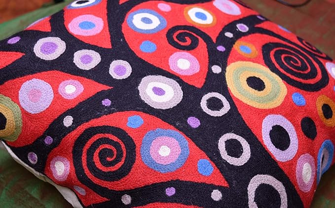 Klimt Tree of Life Pillow Cover | Red Floral Pillowcase | Flower Accent Pillows |Suzani Cushions | Flower Pillows | Modern Floral Cushion Cover | Hand Embroidered Wool Size - 18x18