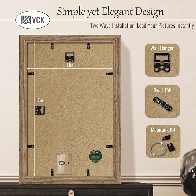 VCK 11x17 Picture Frame Set of 3 - Brown Walnut, Natural Textured Solid Wood Picture Poster Frame, Wall Gallery Frame