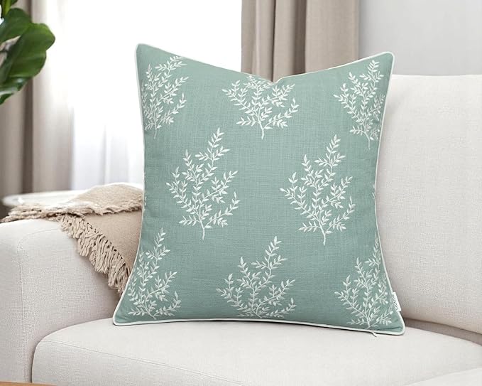VAGMINE Embroidered Leaves Throw Pillow Cover - 18x18 Inches Square - 100% Cotton Light Teal Decorative Cushion Cover - Elegant Embroidery Pattern - Coastal Home Accent for Sofa, Bed, Living Room