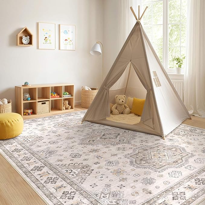 Washable Area Rugs for Living Room -8x10 Neutral Vintage Distressed Floral Farmhouse Boho Large Soft Floor Rug Indoor Non Slip Carpet for Living Room Bedroom Dining Room Office -Beige Brown