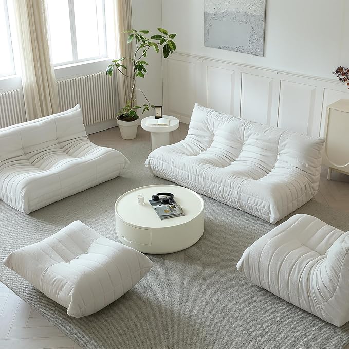 Luxury Ottomans, Modern Square Foot Rest for Sofa Couch Chair, Lazy Floor Seating, Fireside Bean Bag Chair, Tatami Sofa Lounger for Living Room, Bedroom, Office, White