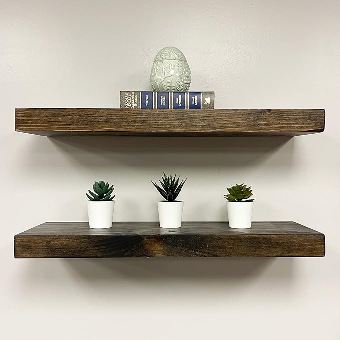 URBANDI, Rustic Floating Shelves, Set of 2, Hidden Bracket, Solid Wood, Heavy Duty, Wall Mounted Shelves, (Dark Brown, 36Wx10D)