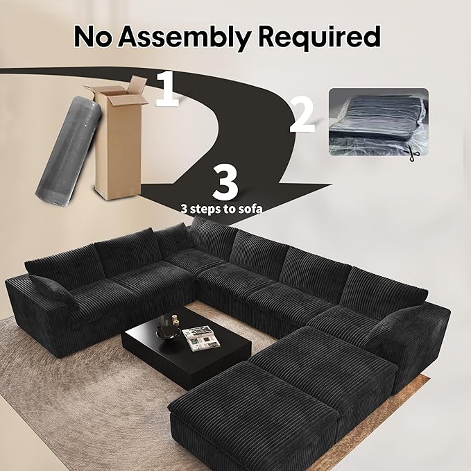 Oversized Modular Sectional Cloud Couch,157.5" U Shaped Modern Sofa with 2 Ottoman and 2 Middle Seats,Upholstered Couches with Corduroy Fabric for Living Room Furniture,No Assembly Required,Black