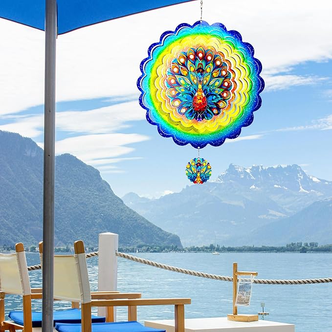 Peacock Hanging Wind Spinners,12 Inch 3D Garden Spinner Kinetic Art Garden Decorations,Stainless Steel Reflective Wind Spinners for Yard