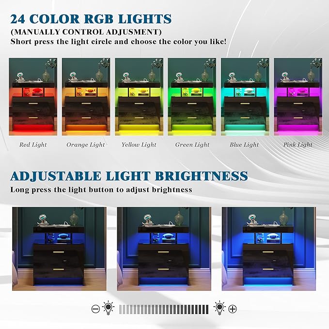 Night Stand with Light, High Gloss Nightstand with USB/Wireless Charging Station, LED Black Nightstands with Storage Drawers, RGB Side End Table for Bedroom Furniture(Black)
