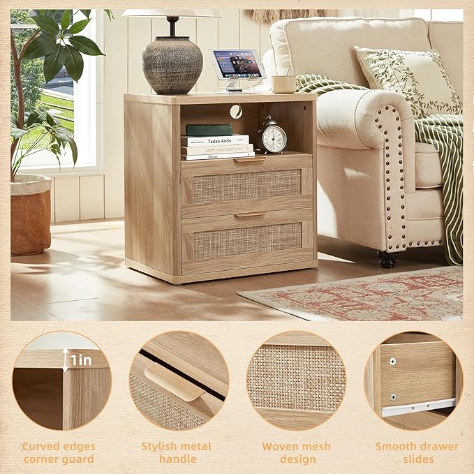 LEYAOYAO Boho Rattan Coffee Table and End Table Sets, 48" Wide Center Tables & 23" Night Stand with Charging Station Chest of Drawers, Natural Wood Coffee Table for Living Room 3 Piece Set