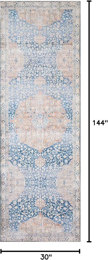 Loloi Layla Collection LAY-07 Blue/Tangerine 2'-6" x 12'-0" .13" Thick Runner Rug, Soft, Durable, Vintage Inspired, Distressed, Low Pile, Non-Shedding, Easy Clean, Printed, Living Room Rug