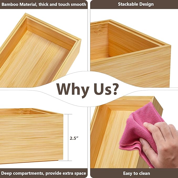 Kitchen Drawer Organizer Bins, Stackable Bamboo Drawer Organizer for Silverware, Flatware, Coffee Pod Organizer K Cup Holder for Countertop, 2 Pcs Coffee Station Organizer 12" x 6" x 2.5"