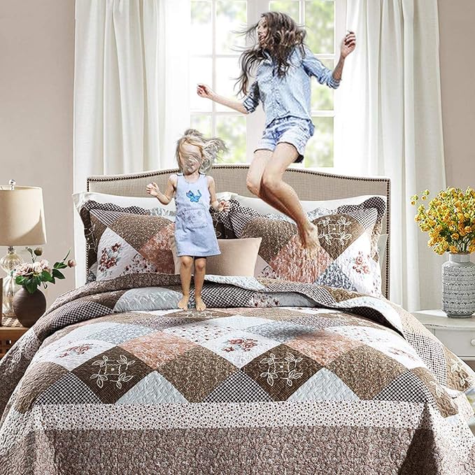 NEWLAKE Quilt Bedspread Sets-Checkered Floral Reversible Coverlet Set,King Size