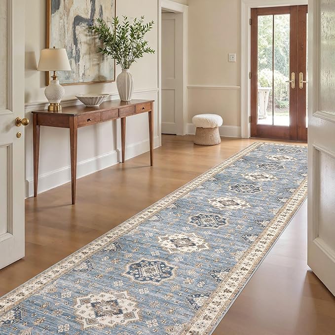 Washable 3x20 Runner Rug - Area Rugs Neutral Vintage Distressed Floral Farmhouse Boho Large Soft Floor Rug Indoor Carpet for Hallway Entryway Home - Blue