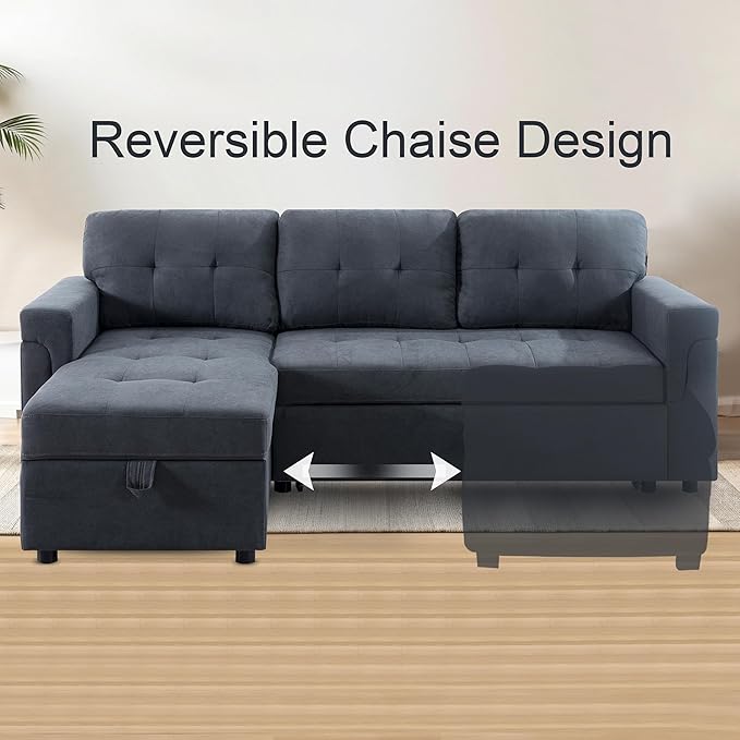 Naomi Home Transform Any Space: Sleeper Sectional Sofa with Convertible Sofa Bed & Inviting Chaise. Find Tranquil Comfort with Stress-Relieving Design & Durable Cushions - Dark Gray/Velvet