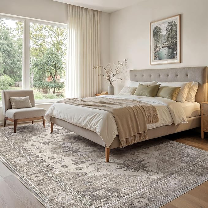 Washable Area Rugs for Living Room - 10x14 Neutral Vintage Distressed Floral Farmhouse Boho Large Soft Floor Rug Indoor Non Slip Carpet for Living Room Bedroom Dining Room Office-Brown/Beige