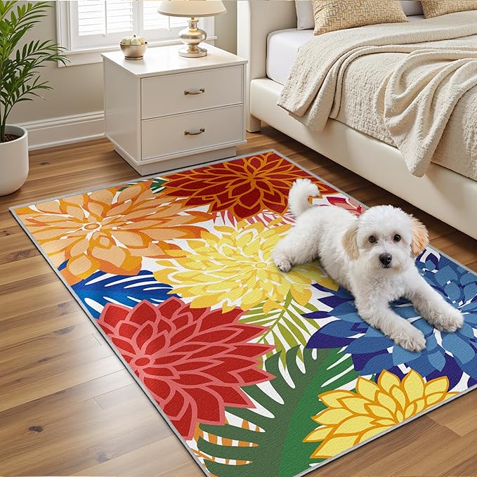 Area Rug 3x5 Washable Entry Rug Multicolored Tropical Botanical Modern Floral Indoor Kitchen Door Mat Entrance Carpet Non Slip for Bedroom Living Room, Porch