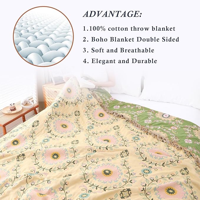 Snycler Boho Throw Blanket 60"x80" - 100% Cotton Ultra Soft Rustic Quilt, Green Floral Printed Farmhouse Decor for Bed, Sofa, Couch, Chair - All Season Cozy Blanket