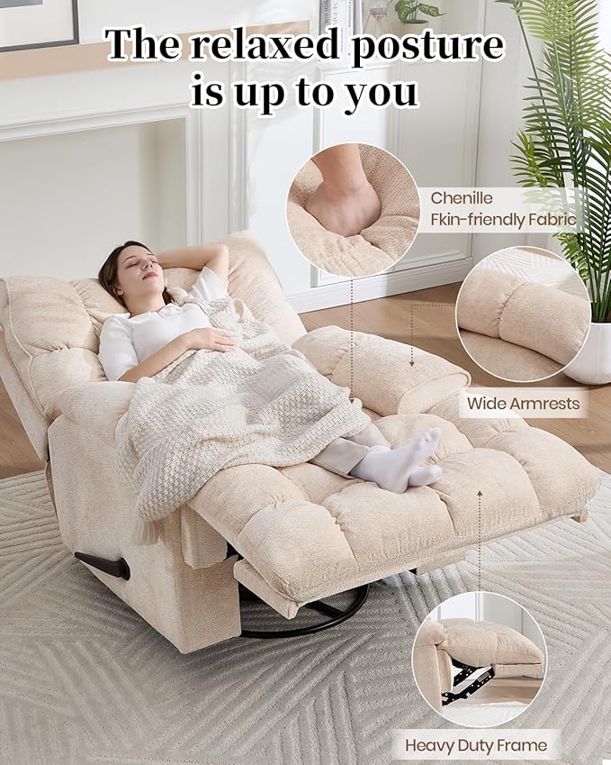 Oversized Recliner Chair Manual Swivel Rocker Recliner for Living Room Chenille Overstuffed Nursery Reclining Sofa Chair Rocking Recliners for Adults 400lbs (Manual, Beige)