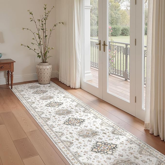 Washable 2.6x12 Runner Rug - Area Rugs Neutral Vintage Distressed Floral Farmhouse Boho Large Soft Floor Rug Indoor Carpet for Hallway Entryway Kitchen Home - Blue Brown