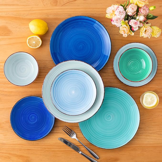 vancasso Bonita Dinnerware Set Blue Stoneware 18 Pieces Service for 4, Handpainted Spirals Pattern Stoneware Plates and Bowls Set