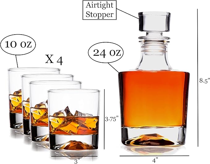 Whiskey Decanter Glasses Gift Set - 4 Whiskey Glasses - Airtight Stopper for Wine, Bourbon, Brandy, Juice, Water - Decanter Sets For Men Christmas Gifts for Dad Boyfriend Husband Him - Bezrat
