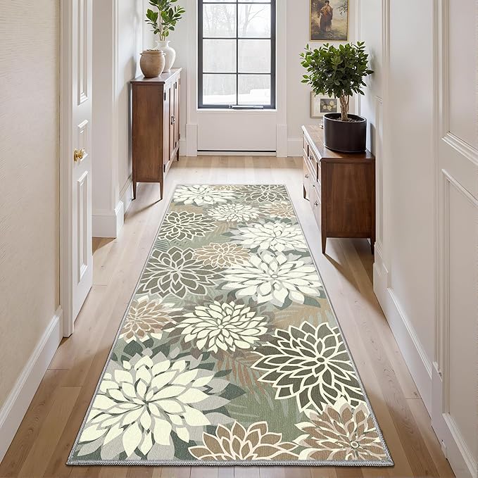 Area Rug 2x6 Brown White Washable Entry Rug Multicolored Tropical Botanical Modern Floral Indoor Kitchen Door Mat Entrance Carpet Non Slip for Bedroom Living Room, Porch