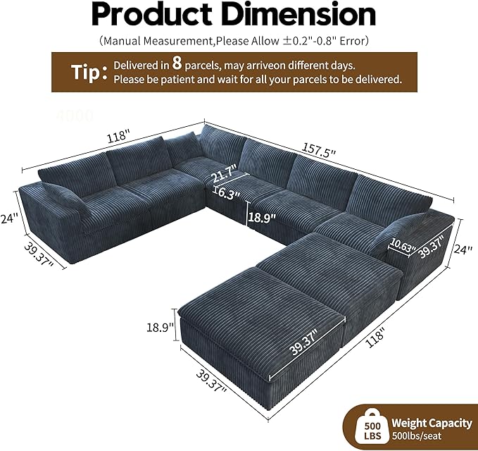 Oversized Modular Sectional Cloud Couch,157.5" U Shaped Modern Sofa with 2 Ottoman and 2 Middle Seats,Upholstered Couches with Corduroy Fabric for Living Room Furniture,No Assembly Required,Blue