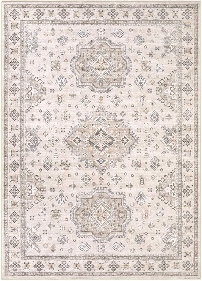 Washable Area Rugs for Living Room -8x10 Neutral Vintage Distressed Floral Farmhouse Boho Large Soft Floor Rug Indoor Non Slip Carpet for Living Room Bedroom Dining Room Office -Beige Brown