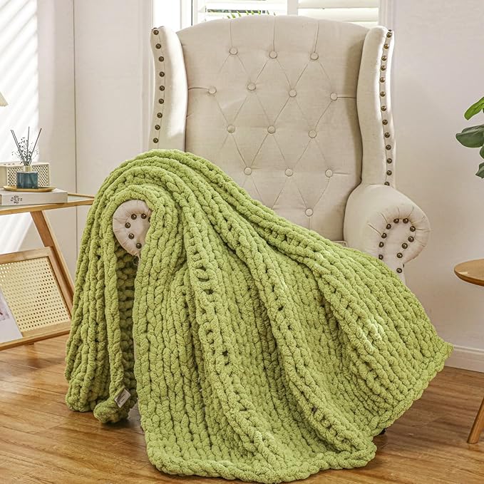 WESHIONGOO Chunky Knit Blanket Throw 50"×60" Knitted Throw Blankets for Couch Bed Fluffy Soft Blanket with Jumbo Chenille Yarn Thick 100% Handmade (Lime Green)