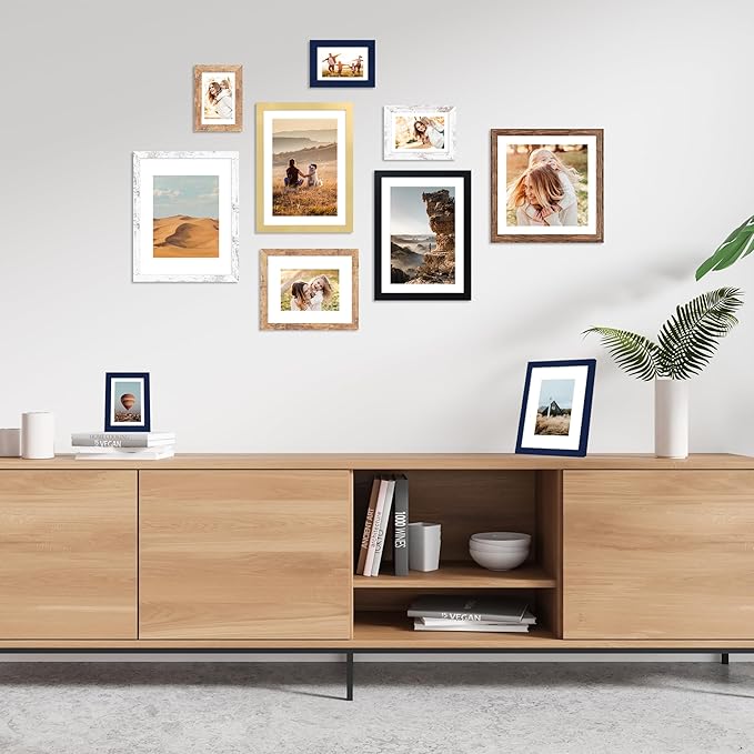8x10 Picture Frame Set of 4, 8 x 10 Wood Photo Frames with Mat for 5x7, Natural Wooden Frame with Real Glass Cover for Wall and Tabletop Display,Brown