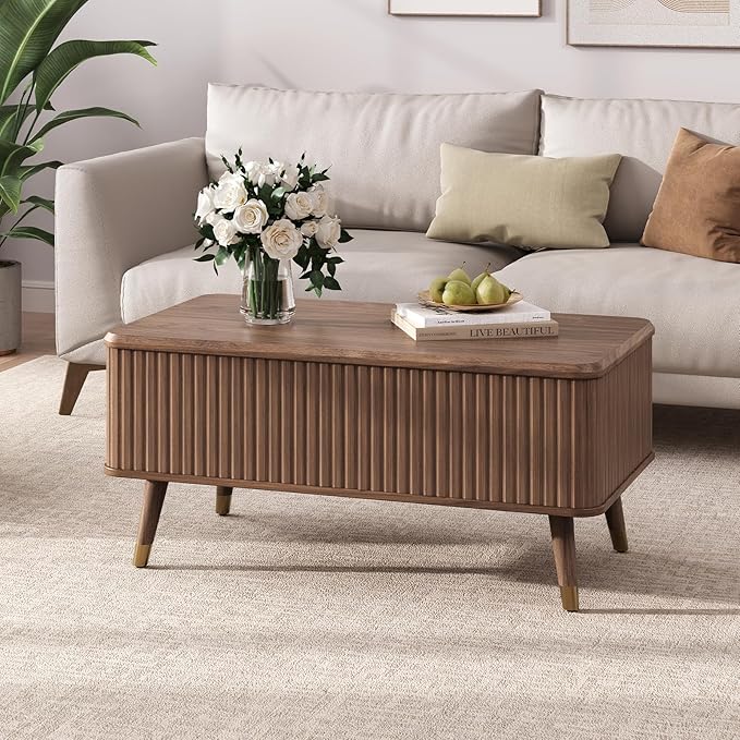 Lift Top Coffee Table with Storage,Mid Century Modern Coffee Table,Fluted Wood Rectangle Center Table for Living Room,Home Office,Walnut