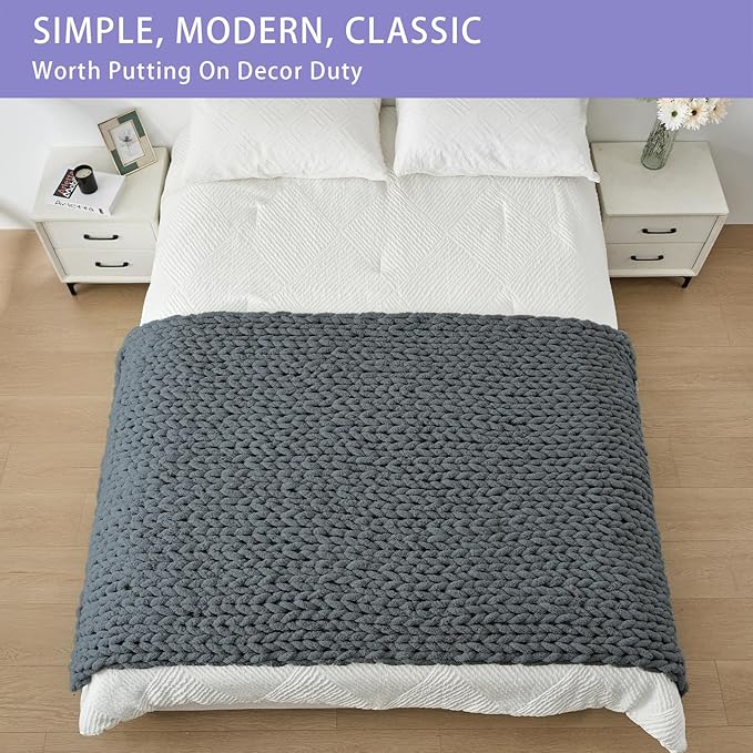 Bigacogo Chunky Knit Throw Blanket for Couch, 40x80 inches, 100% Hand Knitted with Thick Jumbo Chenille Yarn, Cozy Soft Large Rope Knot Cable Crochet Blankets for Sofa Bed Living Room, Iron Gray