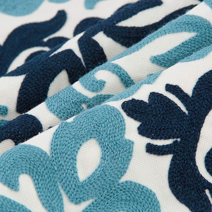 HWY 50 Blue Decorative Throw Pillow Covers 18x18 Inch (1 Piece), Embroidered Cotton Farmhouse Cushion Cover Pillow Case for Sofa Couch Living Room Bed Bedroon, Floral Geometric