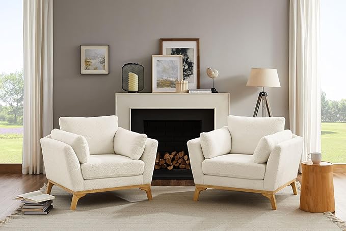 Large-Sized Accent Chair, Thick Cushion Bedroom Reading Chair, Comfortable Living Room Single Sofa, Boucle Milky White