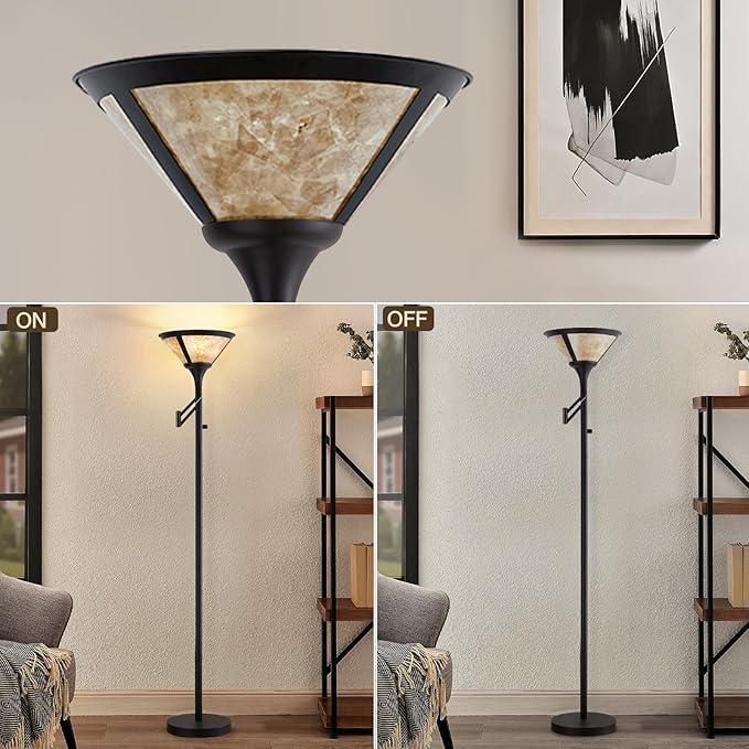 Floor Lamps for Living Room - 70" Black Torchiere Standing Floor Lamp with White Mica Shade - Tall Corner Lamp Decor for Bedroom with Adjustable Swing Arm LED Reading Light for Home Office